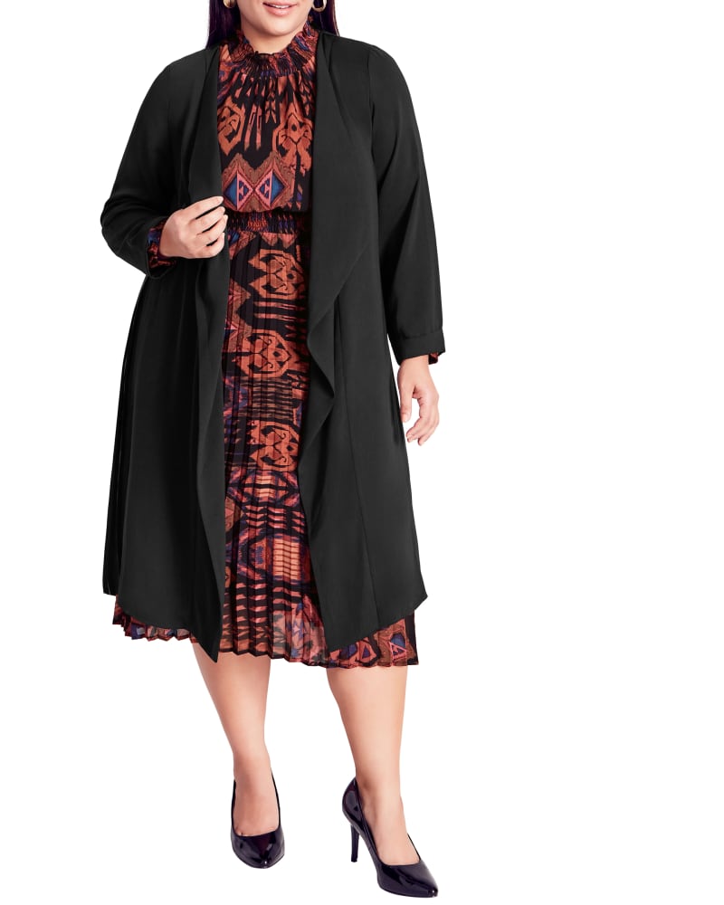 Front of a model wearing a size 14 Arabella Escapade Jacket in Black by Arna York. | dia_product_style_image_id:234508